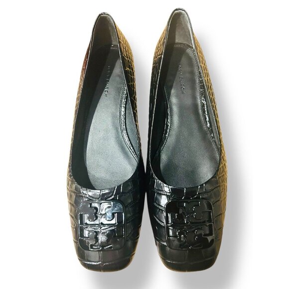 Tory Burch Georgia Ballet Flats Women’s 8.5 Black Croc Embossed Leather Logo - Picture 5 of 16